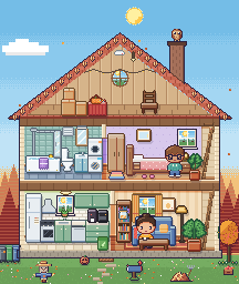 The house in autumn: rust and gold trees, a pumpkin lantern on the step, a scarecrow and a leaf pile.