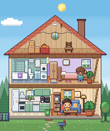 The CozyHaus dollhouse, cut open: a kitchen and living room downstairs, a bathroom and bedroom upstairs, an attic under the roof, Mira on the sofa and Tom in the bedroom. Three things glow gold, ready for care.