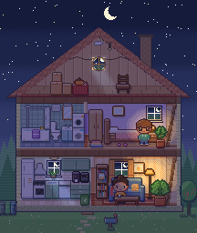 The dollhouse at night: stars and a moon, lamps lit in the living room and the bedroom, the empty rooms dark.