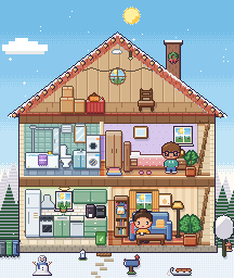 The house in winter: snow, a snowman, fairy lights along the roof and a candle lantern on the step.