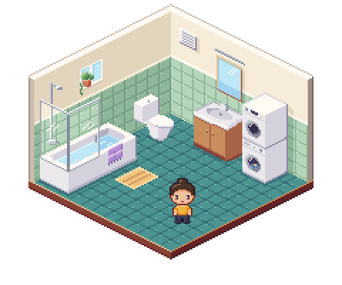 The CozyHaus bathroom in pixel art: a bathtub with a shower head on a rail, a toilet, a sink, a stacked washer and dryer and a small bath mat.
