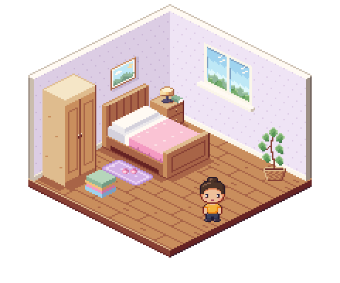 The CozyHaus bedroom in pixel art: a made bed with a pink cover, a stack of folded sheets on the floor, a wardrobe, a plant and a sunny window.