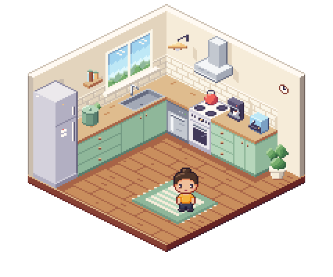 The CozyHaus kitchen in pixel art: a dishwasher beside the sink, a stove with a red kettle, a fridge, a coffee machine and a striped rug.