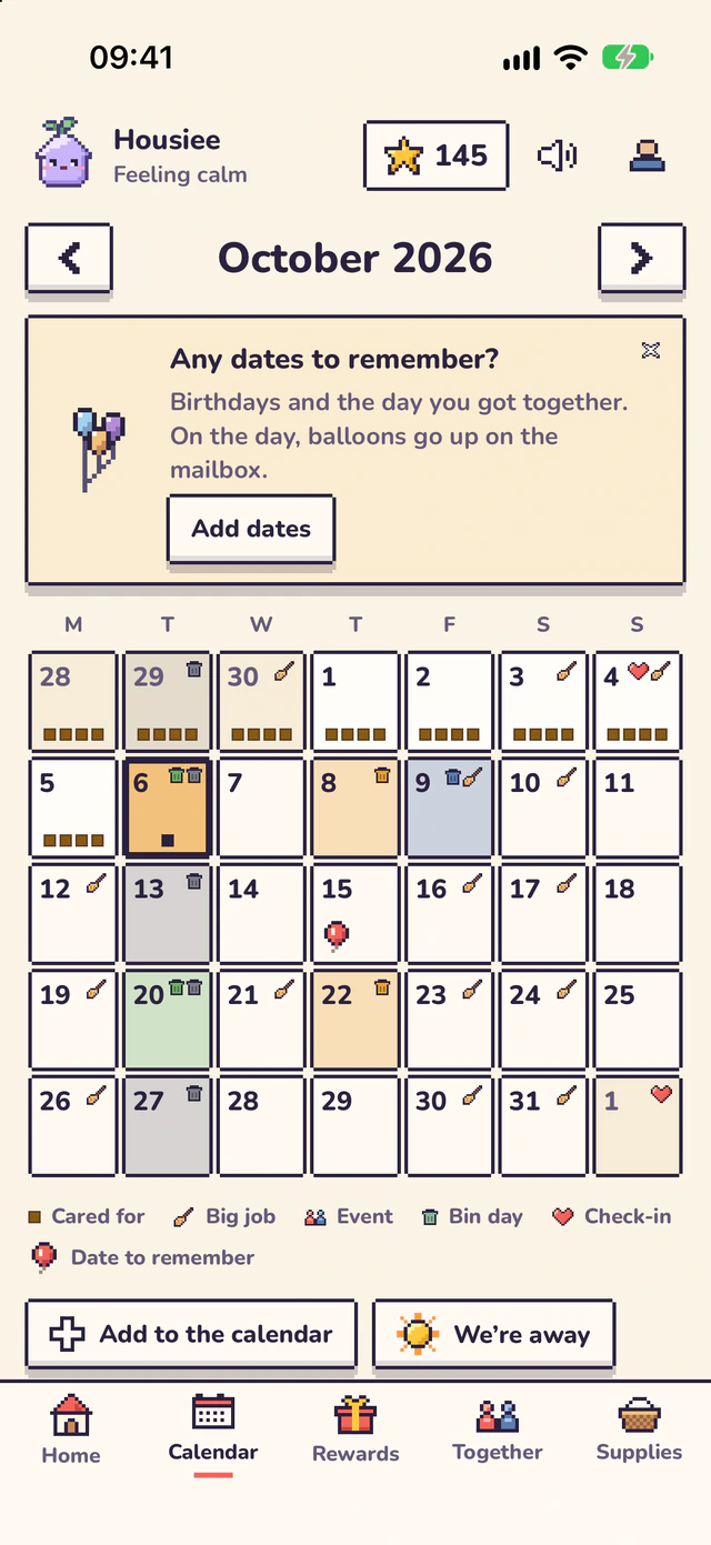 The Calendar for October 2026: days marked for care, big jobs, events, bin days and the check-in, a card about dates to remember, and Add to the calendar and We’re away buttons.