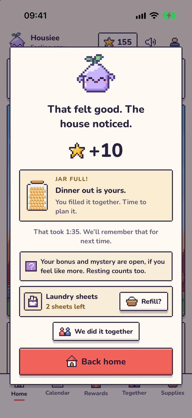 The celebration after a chore: That felt good. The house noticed. +10 stars, and Jar full! Dinner out is yours. You filled it together. Time to plan it.