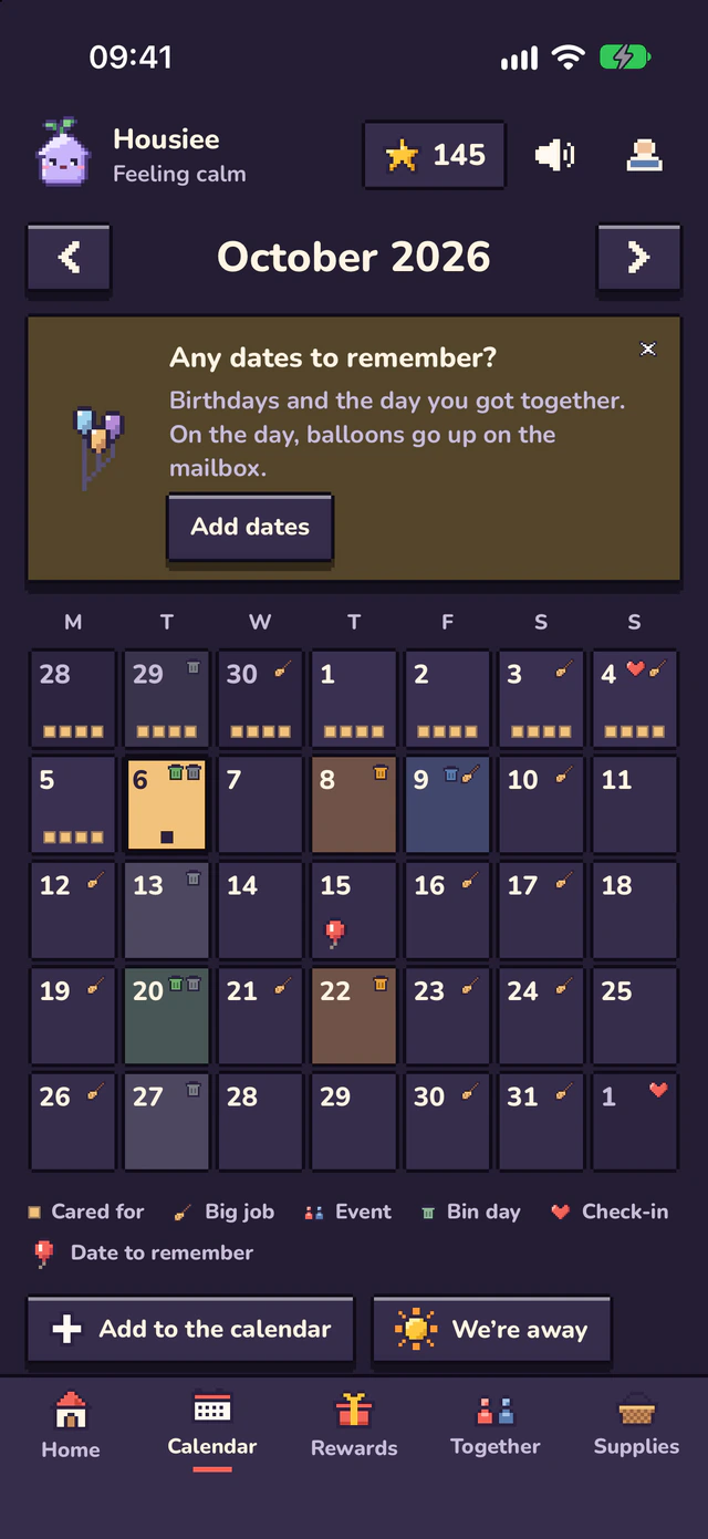 The Calendar in dark mode, with its marks for care, big jobs and bin days.