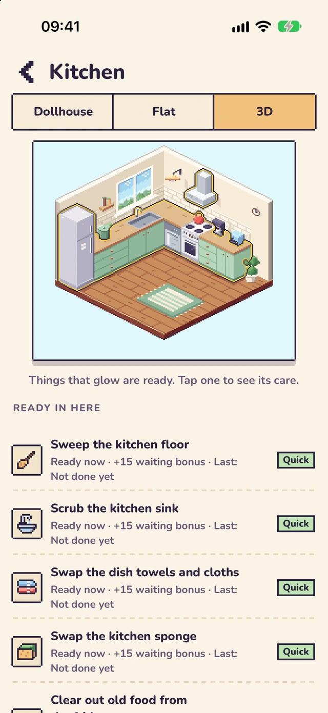 The kitchen up close in the 3D style, the way rooms open by default.