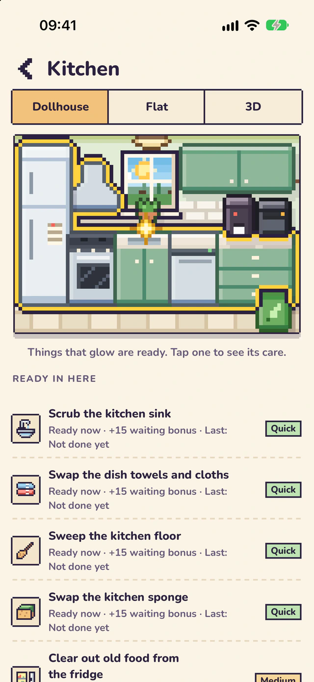 The kitchen up close in the Dollhouse style, gold outlines on what is ready, and a list of what is ready in here.
