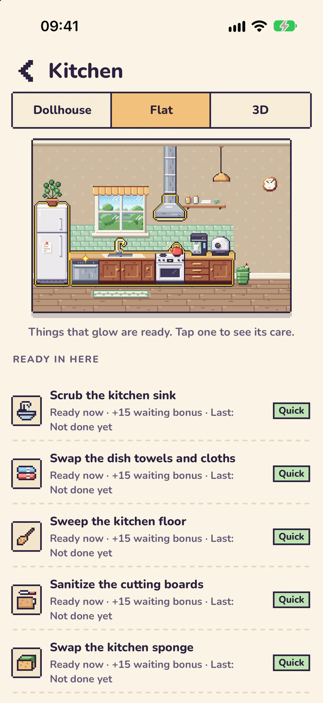 The kitchen up close in the Flat style, seen straight on.