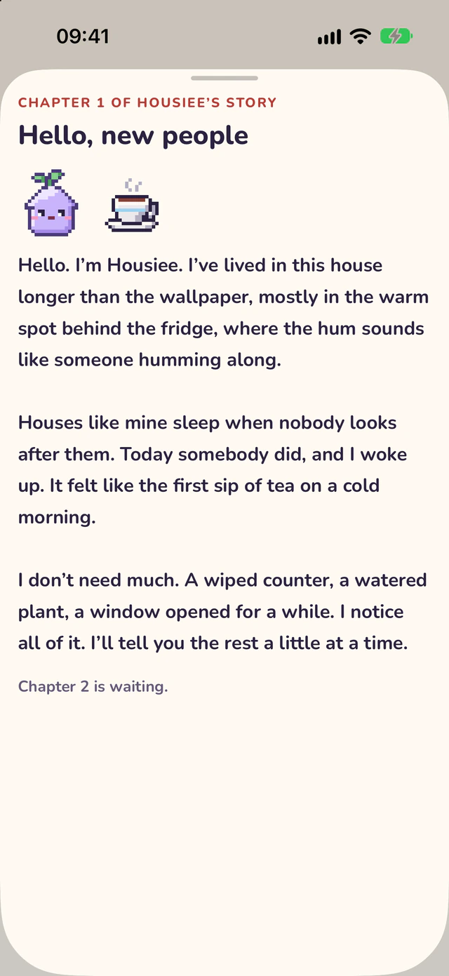 Chapter 1 of the spirit’s story, Hello, new people, with the spirit and a teacup.
