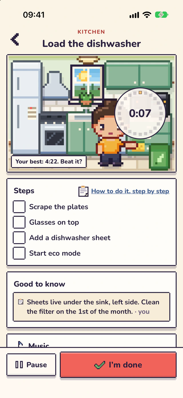 The chore timer: Mira loading the dishwasher in the kitchen, a ring of lights around 0:07, Your best: 4:22. Beat it?, the steps to tick, and Pause and I’m done.
