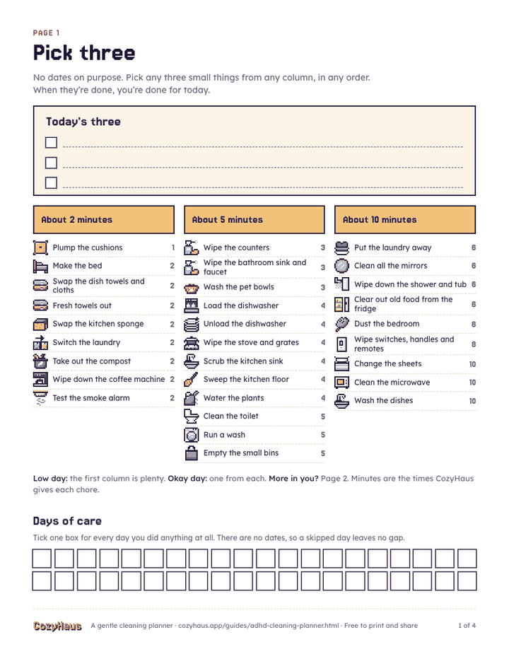 Page 1 of the planner, Pick three: a box for today’s three chores, three columns of chores by minutes with small pixel icons, and a row of Days of care boxes.