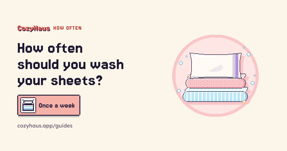 Cover: How often should you wash your sheets? Once a week. Beside it, the CozyHaus bedroom in pixel art.