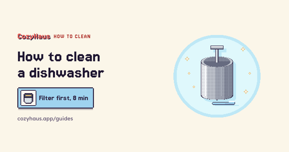 Cover: How to clean a dishwasher. Filter first, 8 minutes. Beside it, the CozyHaus kitchen in pixel art.